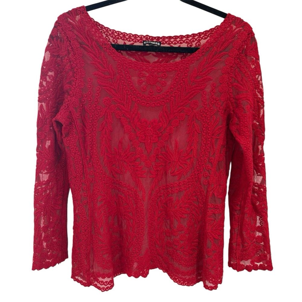 Express Red Lace Mesh Overlay Top Size Small Floral Embroidered Scalloped - Picture 6 of 14